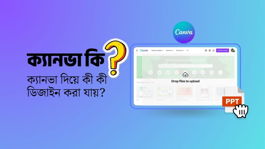 ক্যানভা কি এবং ক্যানভা দিয়ে কি কি ডিজাইন করা যায় তা দেখানো একটি ছবি, যেখানে ক্যানভা লোগো এবং একটি কম্পিউটার স্ক্রিনে ক্যানভার ডিজাইন ইন্টারফেস দেখা যাচ্ছে, পাশে একটি পিপিটি ফাইল আইকন রয়েছে।