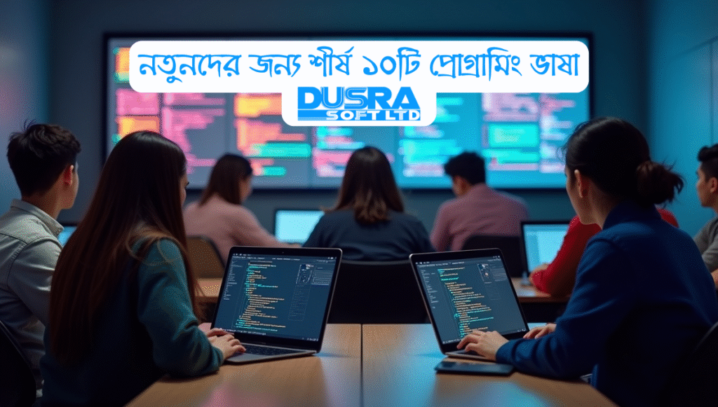 A classroom of young students learning programming, seated at desks with laptops displaying code. A large screen at the front shows colorful programming language icons and code snippets. A banner above the screen reads “নতুনদের জন্য শীর্ষ ১০টি প্রোগ্রামিং ভাষা” (Top 10 Programming Languages for Beginners) along with the "DUSRA Soft Ltd" logo. The environment is modern and tech-focused, with a dark background and glowing screens.