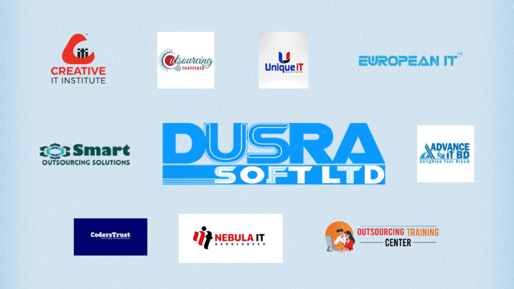 A banner image featuring logos of the Best 10 Outsourcing Training Centers in Dhaka, Bangladesh, including Creative IT Institute, Outsourcing Institute, Unique IT, European IT, Smart Outsourcing Solutions, DUSRA Soft Ltd, Advance IT BD, Coderstrust, Nebula IT, and Outsourcing Training Center,